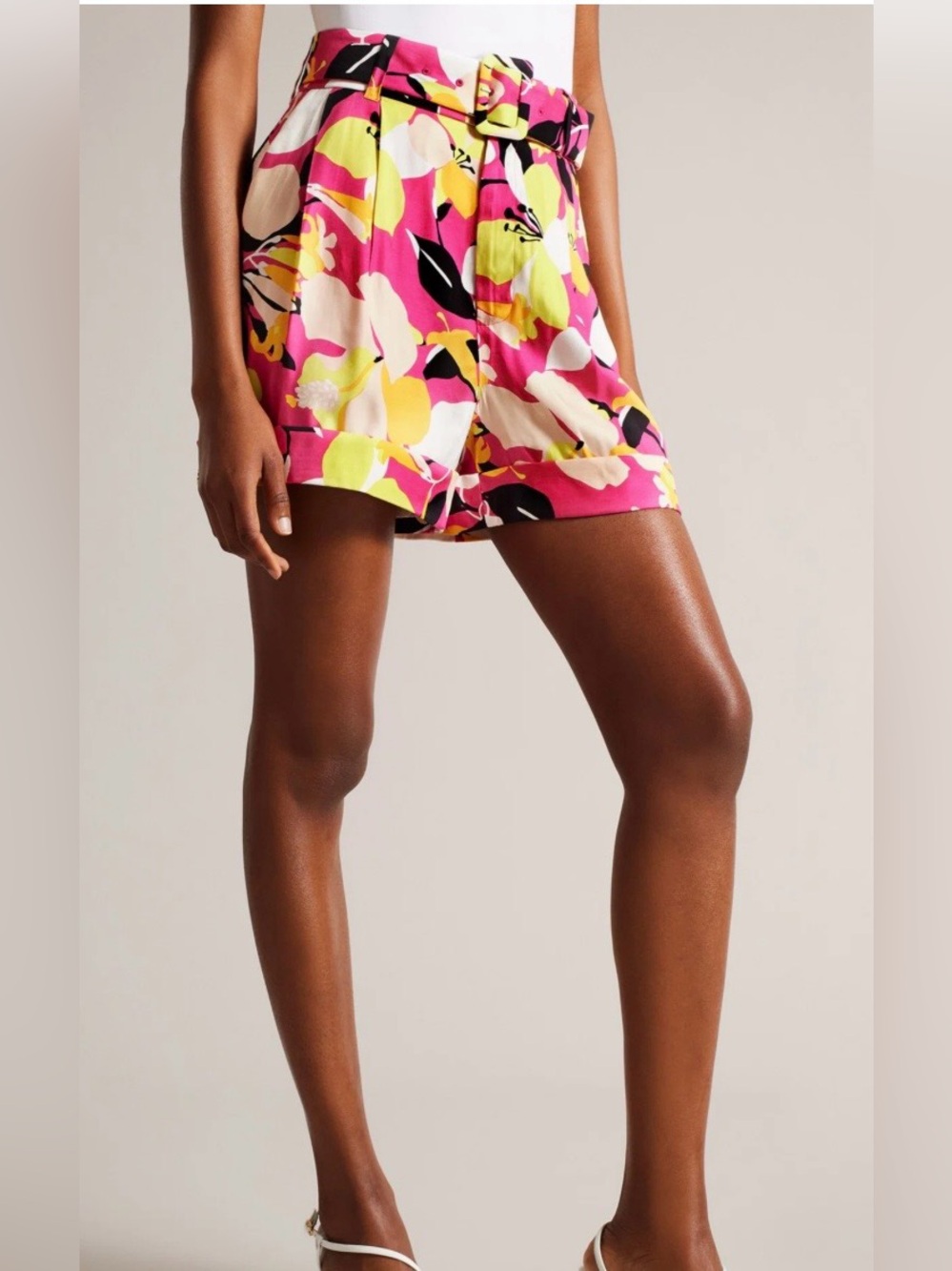 Ted Baker Thiana Vibrant Pink Floral Pink High-Waist Relaxed Shorts